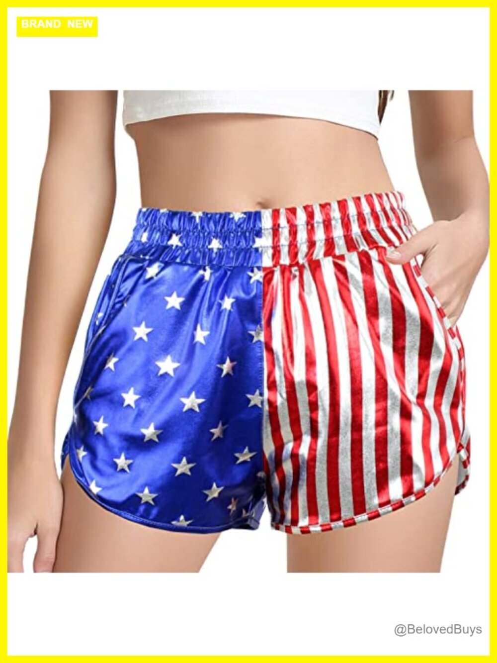 Metallic Elastic Waist Shorts with Pockets for Rave Festival Party